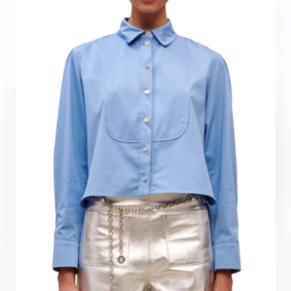 Maje Cinema Cropped Blue Button Down Shirt - Picture 3 of 17